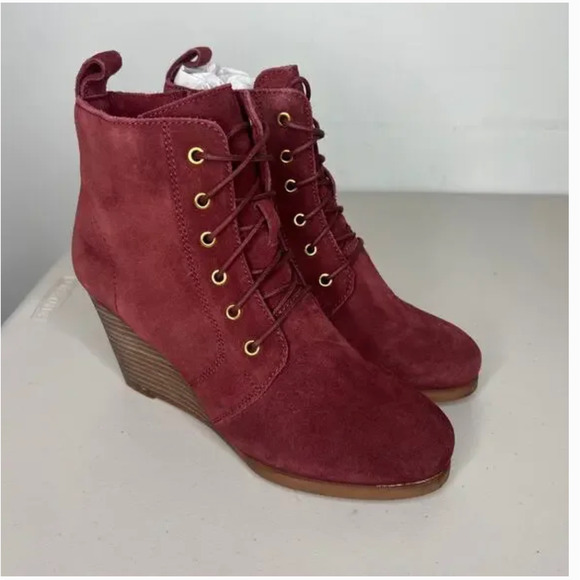 Diba Blake Suede Wedge Boots 8 Red NWOT Lace Up Combat Ankle Booties Burgundy - Picture 2 of 6